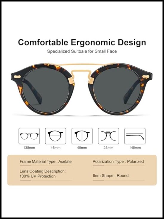 Small Face Acetate Double Bridge Round Sunglasses Polarized UV Protection Retro